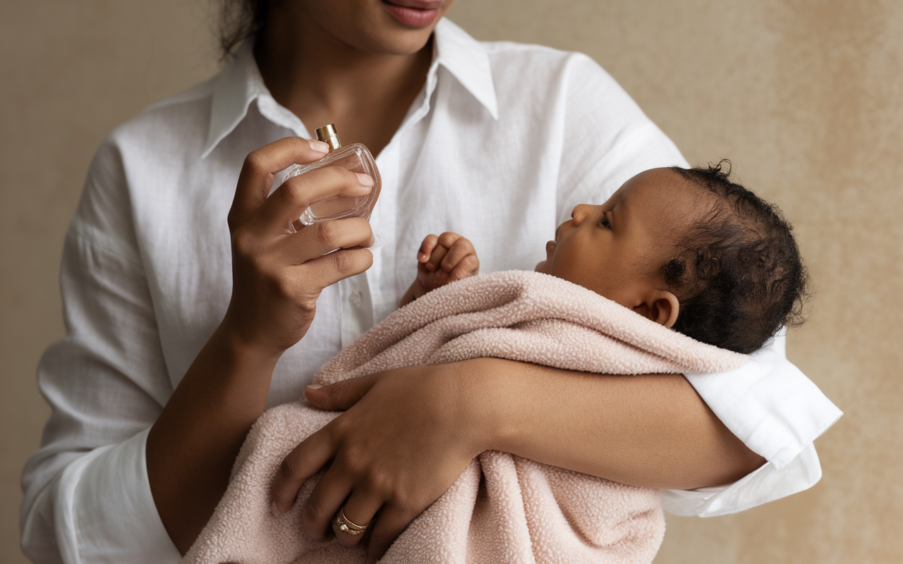 Parents appliquant du parfum avec précaution en présence d'un bébé
